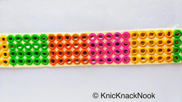 Black / Beige Fabric Mirrored Trim With Green, Orange, Yellow And Pink Embroidery With Mirrors